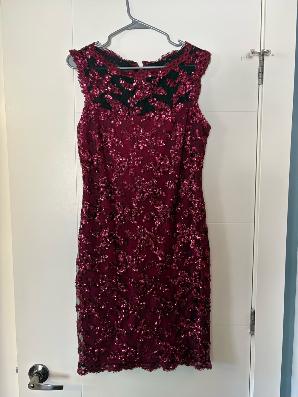 Frank Lyman Design Burgundy Sequin Lace Sheath Dress